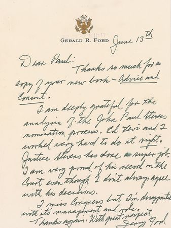 Lot #98 Gerald Ford: On nominating Justice John Paul Stevens to the Supreme Court: “I worked very hard to do it right” - Image 1