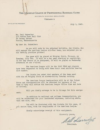 Lot #1241 Will Harridge: ?Joe Cronin, who will manage the American League All-Star team, has selected you as his batting practice pitcher? - Image 1