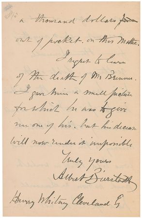 Lot #600 Albert Bierstadt: The frustrated Hudson River School master lashes out??all the expense of insurance and transportation of the pictures borrowed?debts of this kind have caused the Art Union to fail? - Image 4