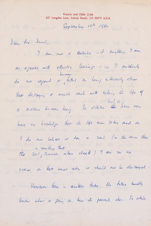 Lot #197 DNA: Francis Crick: ?I certainly do not regard a human fetus as being sufficiently alive that destroying it would rank with taking the life of a mature human being? - Image 1