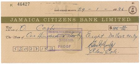 Lot #881 Bob Marley: Astoundingly rare ?Robert Marley? twice-signed check from his greatest period - Image 1