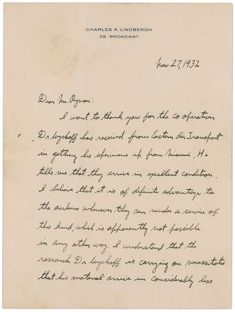 Lot #498 Charles Lindbergh: On the advantage of airmail: materials “arrive in considerably less time than the train takes” - Image 1