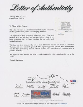 Lot #1107 Dean Martin Signed Document - Image 2
