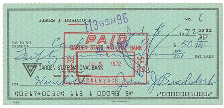 Lot #1142 James J. Braddock: Scarce ‘Cinderella Man’ twice-signed check - Image 1