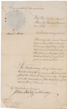 Lot #170 Samuel Adams: Signing off on the value of a ship seized by the Harlequin, manned by Bermuda privateers - Image 1