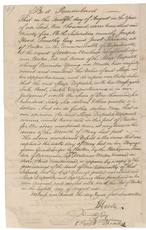 Lot #170 Samuel Adams: Signing off on the value of a ship seized by the Harlequin, manned by Bermuda privateers - Image 2