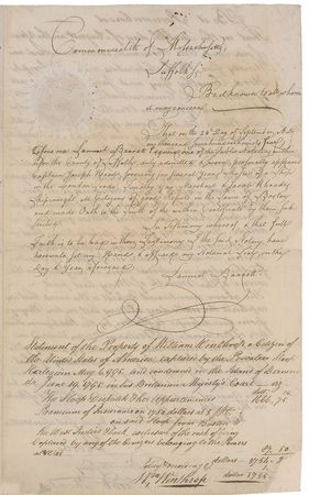 Lot #170 Samuel Adams: Signing off on the value of a ship seized by the Harlequin, manned by Bermuda privateers - Image 3