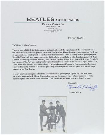 Lot #825 Beatles: Pristine 1963 Dezo Hoffman classic portrait signed backstage for a lucky contest winner - Image 3
