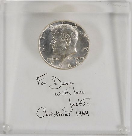 Lot #92 Jacqueline Kennedy: Jackie presents a newly-minted JFK half-dollar to David Powers - Image 1