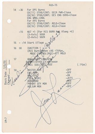 Lot #549 Apollo 13: Lovell and Haise: Training-used checklist page from the Apollo 13 Guidance and Navigation manual - Image 1