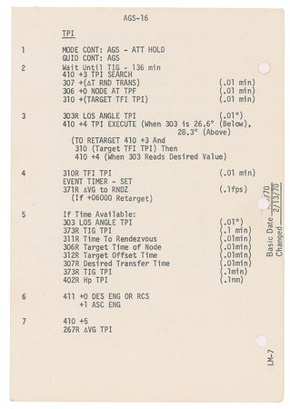 Lot #549 Apollo 13: Lovell and Haise: Training-used checklist page from the Apollo 13 Guidance and Navigation manual - Image 2