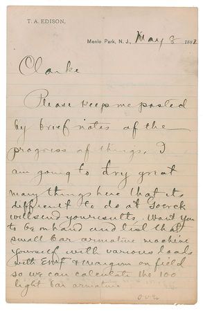 Lot #203 Thomas Edison: Magnificent 1882 Edison letter to his chief engineer while developing the first overhead lights: “We can calculate the 100 light bar armature” - Image 1