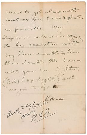 Lot #203 Thomas Edison: Magnificent 1882 Edison letter to his chief engineer while developing the first overhead lights: “We can calculate the 100 light bar armature” - Image 2