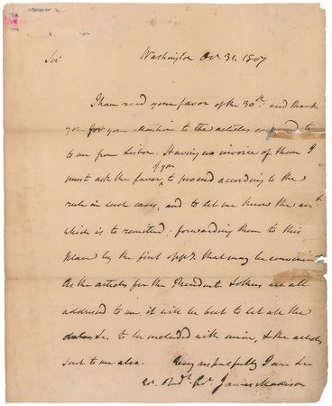 Lot #11 James Madison: Crisp handwritten letter