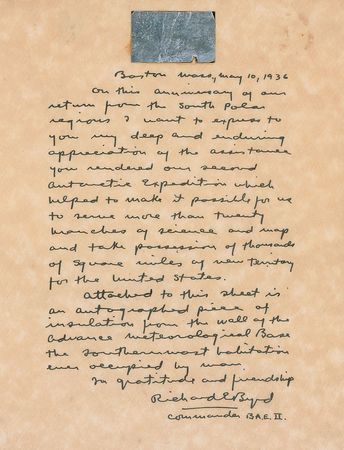 Lot #276 Richard E. Byrd: The explorer presents a signed piece of his Antarctic weather station - Image 1
