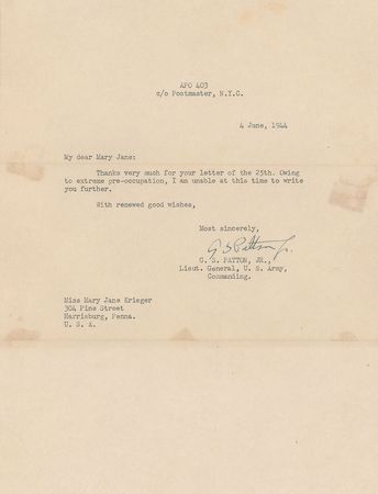 Lot #387 George S. Patton: Fantastic archive highlighted by seven war-dated letters, including those written on his birthday and two days before D-Day - Image 3