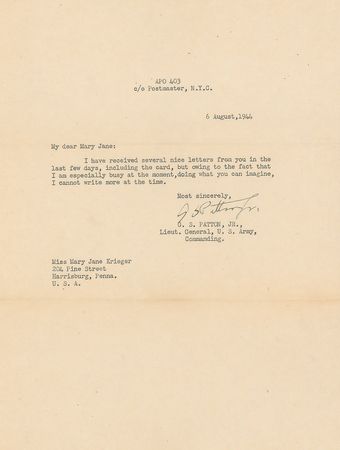 Lot #387 George S. Patton: Fantastic archive highlighted by seven war-dated letters, including those written on his birthday and two days before D-Day - Image 5