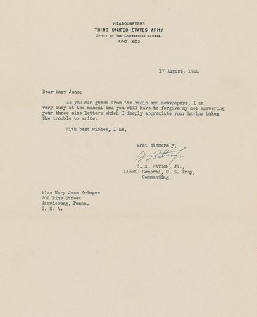 Lot #387 George S. Patton: Fantastic archive highlighted by seven war-dated letters, including those written on his birthday and two days before D-Day - Image 6