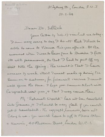 Lot #250 Bertrand Russell: Requesting a translation of Our Knowledge of the External World - Image 1