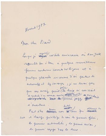 Lot #632 Jean Cocteau: Poetic compliments on jazz-inspired ?paintings where New York in turn looks like some stunning night woman covered with jewels? - Image 1