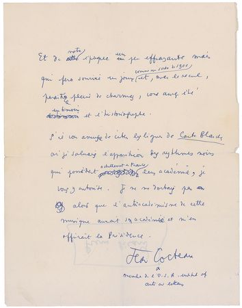 Lot #632 Jean Cocteau: Poetic compliments on jazz-inspired ?paintings where New York in turn looks like some stunning night woman covered with jewels? - Image 2