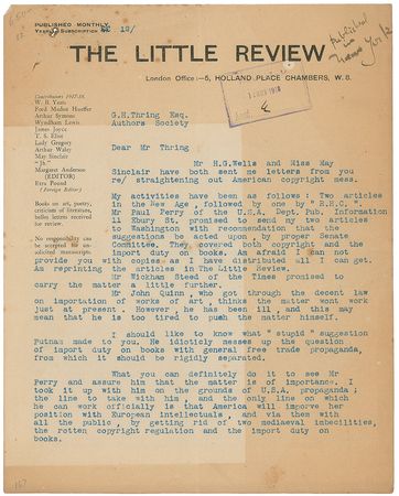 Lot #668 Ezra Pound: Lashing out against America?s publishing industry in support of H.G. Wells, advocating for ?getting rid of two mediaeval imbecilities, the rotten copyright regulation and the import duty on books? - Image 1