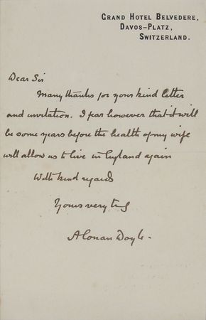 Lot #639 Arthur Conan Doyle: The Sherlock Holmes author declines an invitation while residing in Switzerland to care for his ailing wife - Image 2