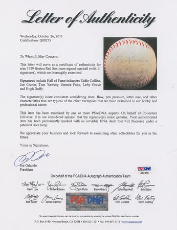 Lot #1095 Boston Red Sox: 1939: Foxx, Yawkey, Duffy, and Collins highlight a rare 1939 Red Sox team baseball - Image 6