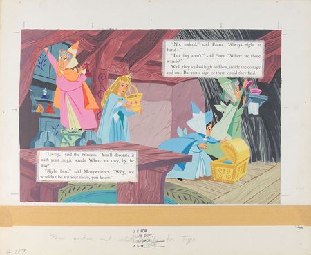 Lot #229 Briar Rose, Flora, Merryweather, and Fauna watercolor painting for the Little Golden Book Sleeping Beauty and the Good Fairies - Image 1