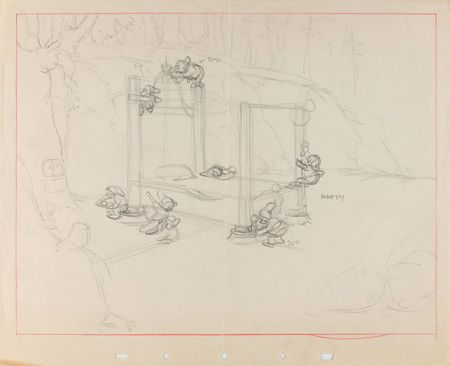 Lot #79 Bashful, Doc, Grumpy, Happy, Sleepy, Sneezy, and Dopey ?rough? concept storyboard drawing from Snow White and the Seven Dwarfs - Image 1