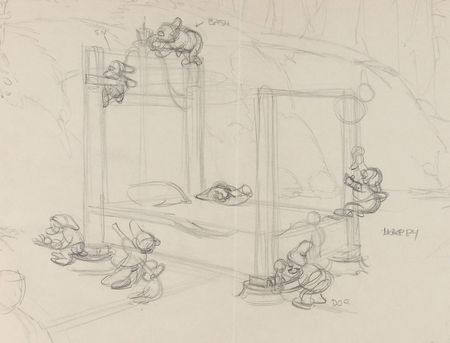 Lot #79 Bashful, Doc, Grumpy, Happy, Sleepy, Sneezy, and Dopey ?rough? concept storyboard drawing from Snow White and the Seven Dwarfs - Image 2