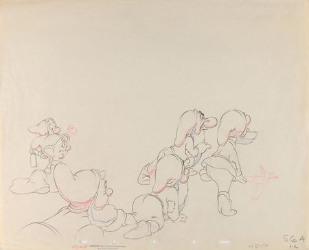 Lot #81 Bashful, Grumpy, Happy, Sleepy, Sneezy, and Dopey production drawing from Snow White and the Seven Dwarfs - Image 1