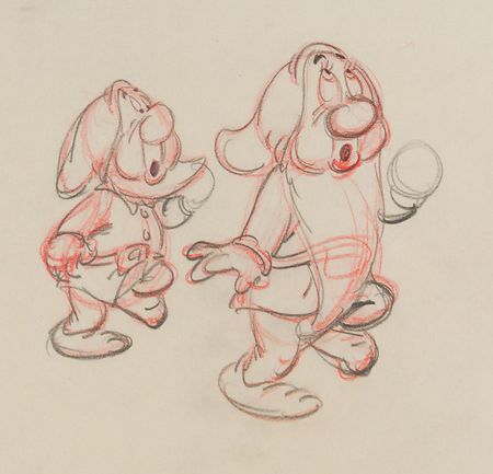 Lot #78 Bashful and Sneezy ?rough? production drawing from Snow White and the Seven Dwarfs - Image 2