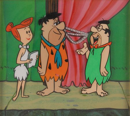 Lot #461 Fred and Wilma Flintstone production cel and production background from The Flintstones TV Show - Image 1