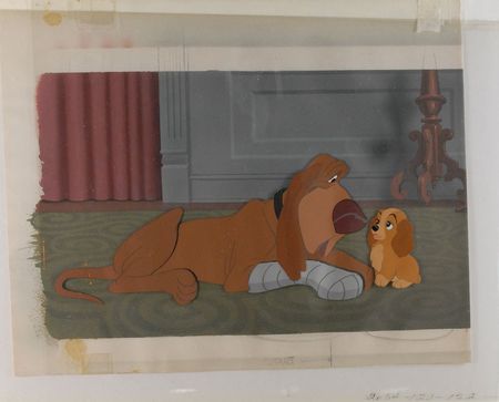 Lot #211 Trusty the Bloodhound and Baby Lady production cel and production background from Lady and the Tramp - Image 2