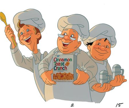 Lot #515 Wendell, Bob, and Quello ‘The Three Bakers’ production cel and matching drawing from a Cinnamon Toast Crunch TV Commercial - Image 1