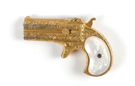 Lot #487 Cased and Engraved Gold- Plated Remington Double Derringer with Mother-of-Pearl Grips Pistol - Image 1