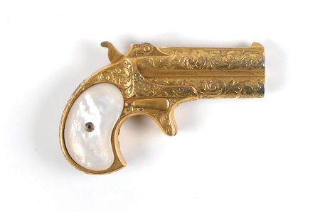 Lot #487 Cased and Engraved Gold- Plated Remington Double Derringer with Mother-of-Pearl Grips Pistol - Image 2