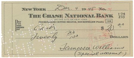 Lot #744 Tennessee Williams: Desirable twice-signed check from the Streetcar Named Desire playwright - Image 1