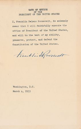 Lot #89 Franklin D. Roosevelt: The only four-term president takes his oath: “I will faithfully execute the office of President of the United States” - Image 1