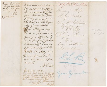 Lot #41 Abraham Lincoln: Remarkable signed and initialed presidential recommendation for a soldier who “acted patriotically and well in the West in the beginning of our troubles” - Image 1