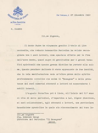Lot #316 Pope Paul VI Typed Letter Signed - Image 1