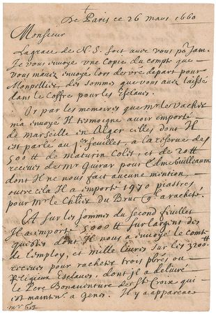 Lot #222 Vincent de Paul: Exceedingly rare 1660 letter by St. Vincent de Paul, arranging for ransoms to liberate Christians held captive - Image 1