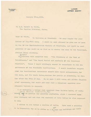 Lot #213 Howard Carter: ?My proposed lectures will comprise two: ?The Discovery of the Tomb of Tutankhamen,? and ?The Royal Burial and contents of the Innermost Chambers?? - Image 1