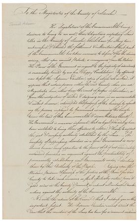 Lot #200 Samuel Adams: Adams demands that justice be done, for injustice ?furnishes an argument against the practicability of permanently establishing civil Governments under, & directing them by the Authority of the People? - Image 1