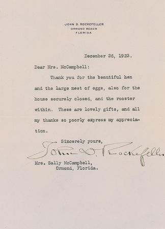 Lot #328 John D. Rockefeller: An odd gift for the captain of industry: “Thank you for the beautiful hen and the large nest of eggs” - Image 1
