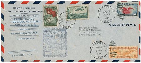 Lot #537 Howard Hughes: Exceptionally desirable flown postal cover and flag from Hughes?s around-the-world flight - Image 1