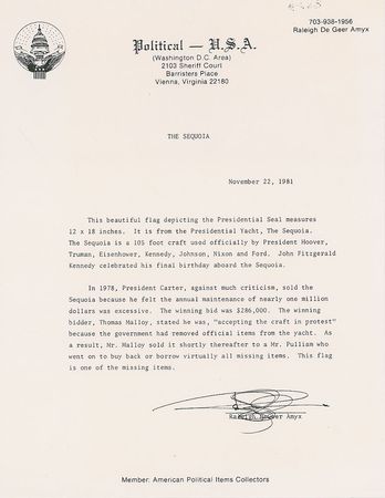 Lot #254 Richard Nixon and John F. Kennedy Sequoia Flag - Image 3
