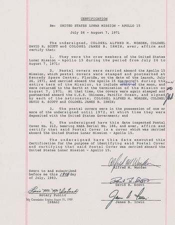 Lot #454 Apollo 15: Flown mission cover with its complete documentation, from the commander?s personal collection - Image 2