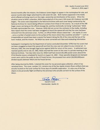 Lot #454 Apollo 15: Flown mission cover with its complete documentation, from the commander?s personal collection - Image 4
